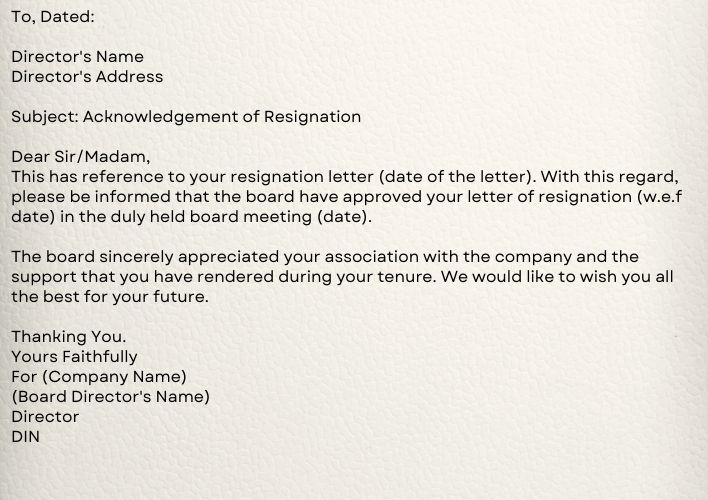 Resignation of Directors acceptance letter format